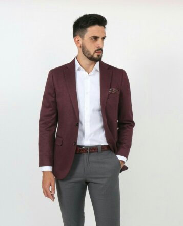 Maroon Blazer with White Shirt and Grey Pants Combination