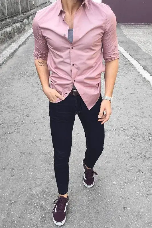 Pink shirt grey clearance pants black shoes