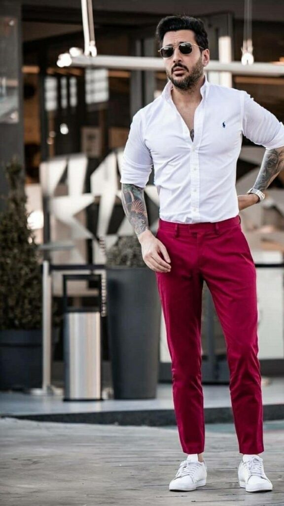 White Shirt with Maroon Pants combination